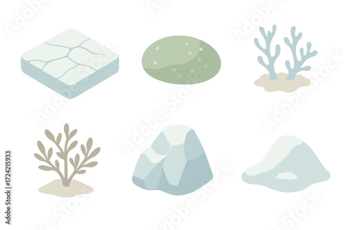 Arctic Ecology Elements. Isometric vector illustration set Arctic ground ecology: frozen tundra permafrost plant, moss patch,