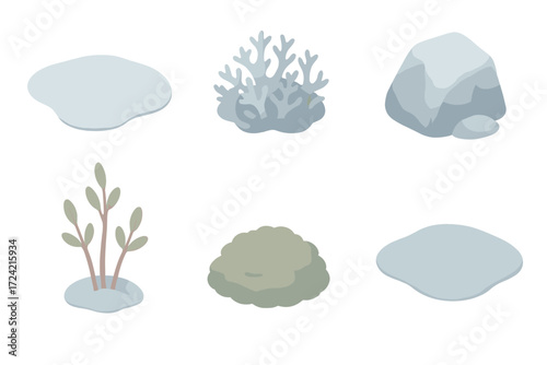 Frozen Tundra Flora. Isometric vector illustration set Cold region flora: frozen tundra permafrost plant, lichens, dwarf willow,
