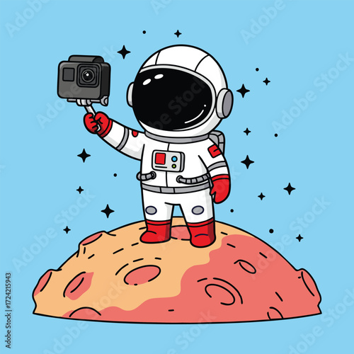 Astronaut Filming with Action Camera on Planet Cartoon Illustration