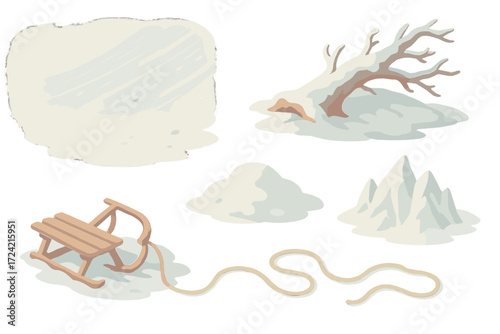 Frozen Landscape Icons. Isometric vector illustration set Frozen landscape storm: blizzard wind snow blind, fallen tree, broken