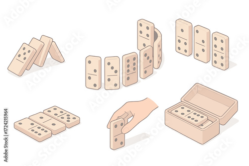Strategy Game Setup. Isometric vector illustration set Strategy game setup: domino tile line fall, curve of tiles, standing edge