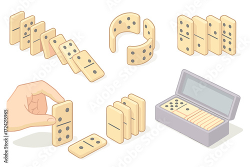 Strategy Game Setup. Isometric vector illustration set Strategy game setup: domino tile line fall, curve of tiles, standing edge