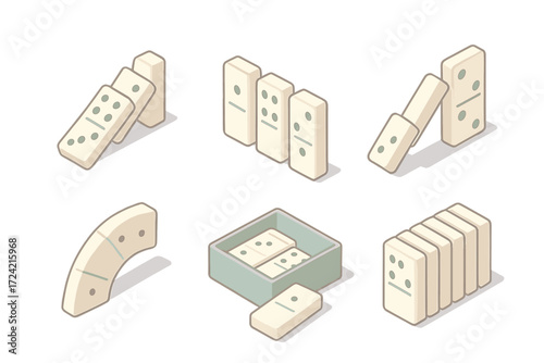 Domino Motion Dynamics. Isometric vector illustration set Dynamic tile motion: domino tile line fall, row alignment, tipping tiles