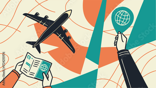 Abstract illustration with airplane passport and globe pin vector