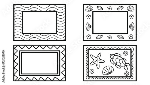 Four black and white decorative frames with ocean beach themes ready for photos