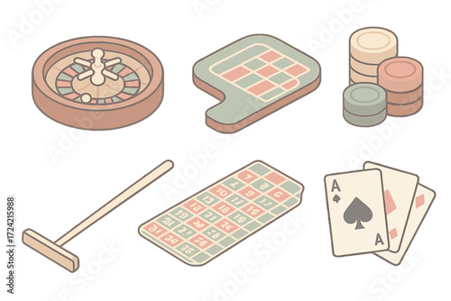 Classic Casino Icons. Isometric vector illustration set Classic casino gaming: roulette wheel ball casino, betting table layout,