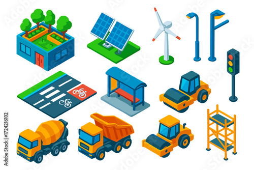 Modern Urban Icons. Isometric vector illustration set modern urban and construction designs: rooftop garden, solar panel array,