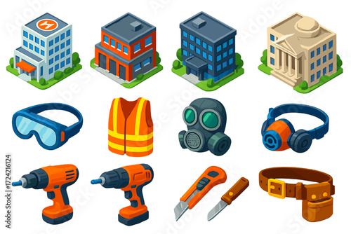 Modern Urban Construction Icons. Isometric vector illustration set modern urban and construction designs: modern hospital, fire
