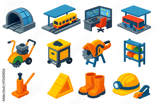 Urban Construction Icons. Isometric vector illustration set modern urban and construction designs: metro tunnel entrance, railway