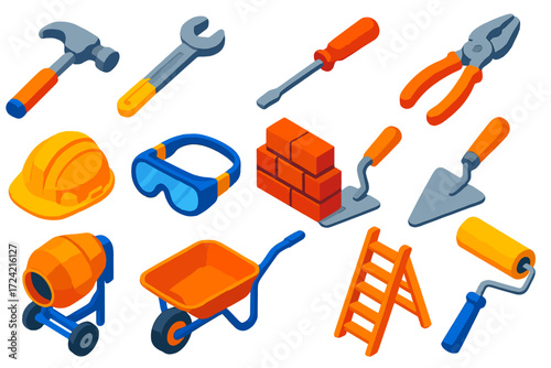 Construction Tools Icons. Isometric vector illustration set Construction Tools: hammer, wrench, screwdriver, pliers, hard hat,
