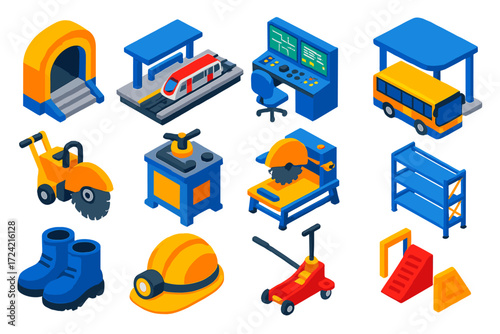 Urban Construction Icons. Isometric vector illustration set modern urban and construction designs: metro tunnel entrance, railway