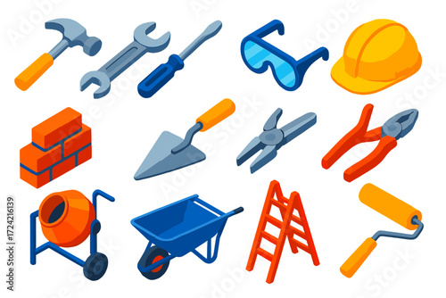 Construction Tools Icons. Isometric vector illustration set Construction Tools: hammer, wrench, screwdriver, pliers, hard hat,