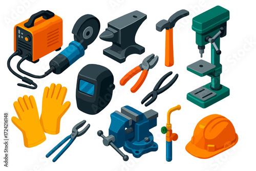 Metalworking Tools Icons. Isometric vector illustration set Metalworking Tools: welding machine, grinder, anvil, hammer, pliers,