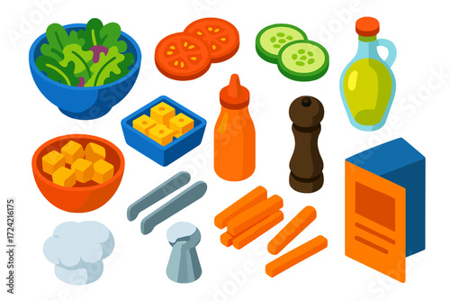 Colorful Salad Bar Icons. Isometric vector illustration set Salad Bar: mixed greens bowl, tomato slices, cucumber slices, cheese