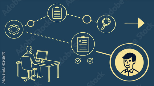 Business process workflow icons and person at desk vector