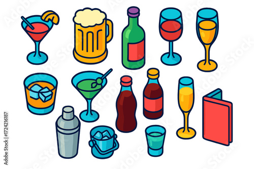 Vibrant Isometric Bar Icons. Isometric vector illustration set Bar and Drinks: cocktail glass, beer mug, wine bottle, wine glass,