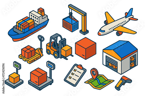 Vibrant Cargo Icons. Isometric vector illustration set Shipping and Cargo: container ship, shipping container, crane, pallet jack,