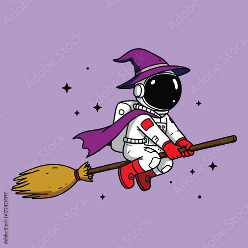 Astronaut Wizard Flying on Broom Cartoon Illustration