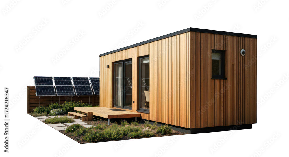 Fototapeta premium Compact wood home, solar panels, modern design