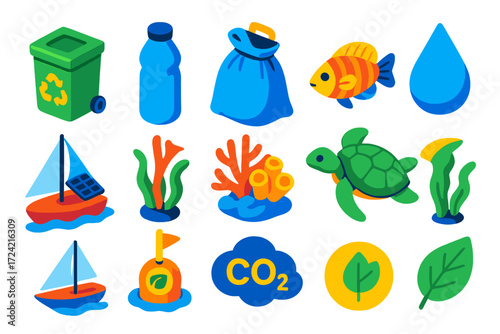 Ocean Conservation Icons. Isometric vector illustration set Ocean Conservation: recycling bin, reusable bottle, beach cleanup bag,