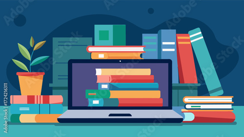 A laptop is perched on top of a small stack of handmade journals in the cozy bookbinding atelier utilized for digital bookkeeping and design work.. Vector illustration