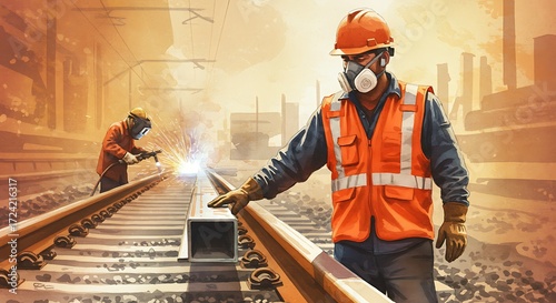 Man wearing hard hat and respirator supervises a welder working on a railway track. Construction site safety.