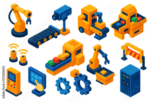 Automated Production Line. Isometric vector illustration set Automated Production Line: robotic arm, conveyor belt, inspection