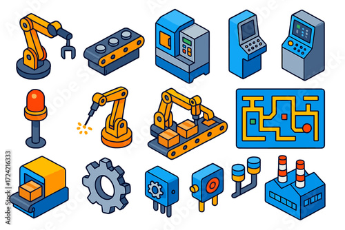 Robotics in Manufacturing. Isometric vector illustration set Robotics in Manufacturing: industrial robot, conveyor line, CNC