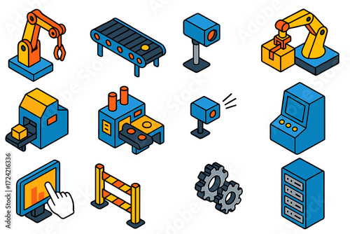Automated Production Line. Isometric vector illustration set Automated Production Line: robotic arm, conveyor belt, inspection