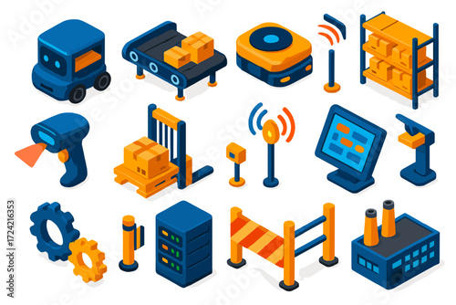 Robotics Logistics Icons. Isometric vector illustration set Robotics for Logistics: warehouse robot, conveyor belt, automated