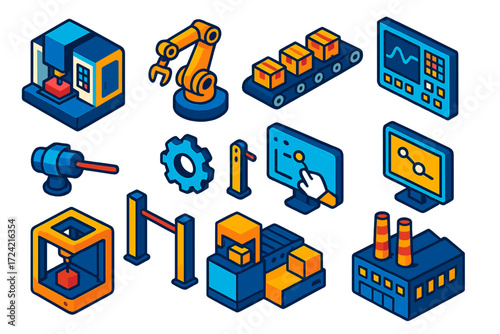 CNC Automation Icons. Isometric vector illustration set CNC and Automation: CNC milling machine, robotic arm, conveyor belt,