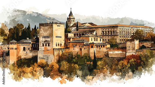 Alhambra Granada Spain Watercolor Vector Painting