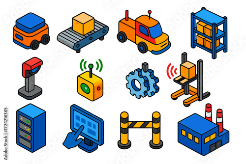 Robotics Logistics Icons. Isometric vector illustration set Robotics for Logistics: warehouse robot, conveyor belt, automated