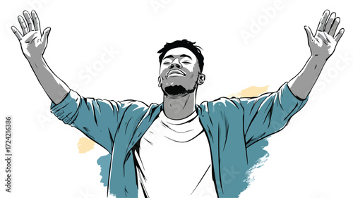 Excited Man with Raised Arms Illustration for Creativity and Success Concepts