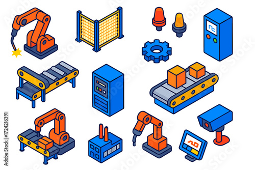 Robotic Welding Systems. Isometric vector illustration set Robotic Welding Systems: welding arm robot, conveyor line, safety fence