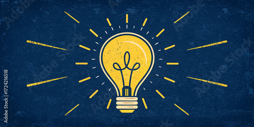 Stylized yellow lightbulb on a dark blue background with radiating yellow lines