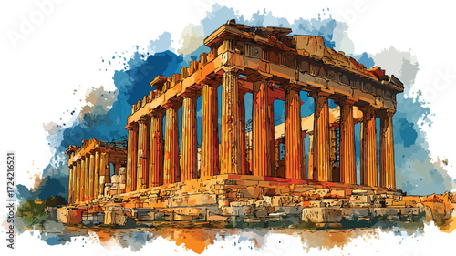 Ancient Sites in Athens Greece Watercolor Splash - Historical Landmark Artwork for Design Projects