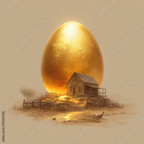 Golden egg resting behind rustic farmhouse on dirt landscape surrounded by fences and low vegetation, serene atmosphere with soft light illuminating scene gently
