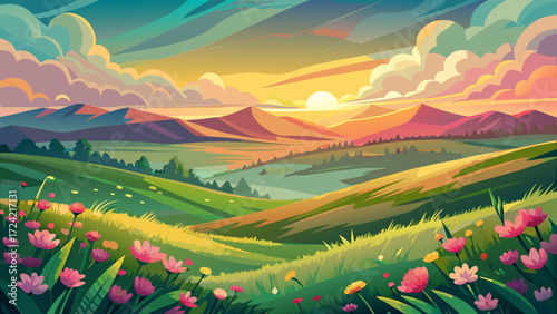 
Golden hour illuminates rolling green hills adorned with delicate pink wildflowers. Picturesque landscape displays serene sunset sunrise sky with orange, pink clouds. Gentle breeze moves through