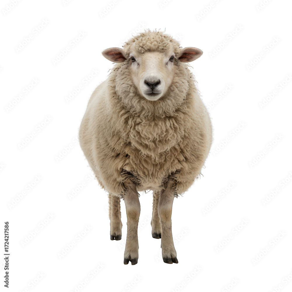 Fototapeta premium Fluffy sheep stands forward, isolated against a black background