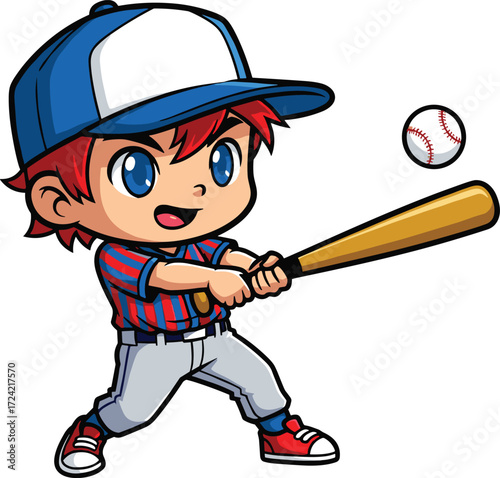 Cartoon child baseball player swinging bat at fast-moving ball, vector illustration for sports, youth activity, and action design use