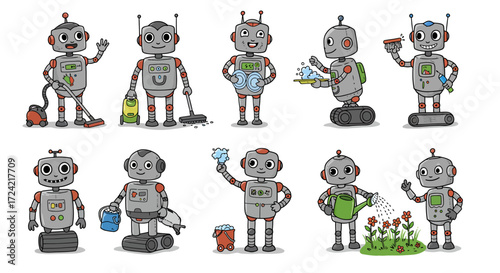 Friendly cartoon robots performing household chores in various outfits and poses