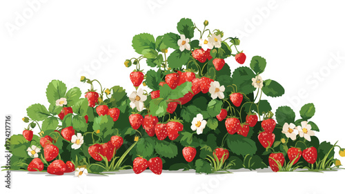 Vibrant Strawberry Bush in Full Bloom with Ripe Strawberries - EPS Vector Illustration