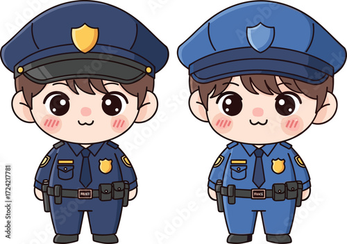 Cartoon police officer characters in blue uniforms with badges, cute vector illustration for civic education, safety, and children’s design use