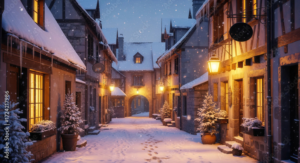 Fototapeta premium Charming cobblestone street in a quaint village dusted with fresh snow and illuminated by warm, inviting lights.