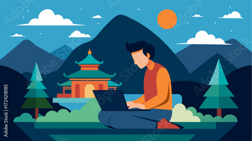 A digital nomad takes a moment to appreciate the tranquil silence of a remote monastery while typing away on their keyboard.. Vector illustration