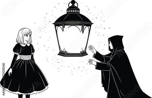 Mystical lantern scene with cloaked figure and girl, black silhouette vector illustration for fantasy, mystery, and storytelling design use