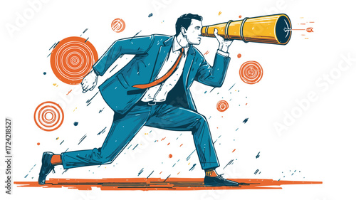 Corporate Businessman Using Telescope to Search for Target Opportunities