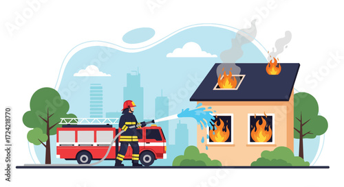 Flat illustration of a firefighter extinguishing a burning house with a fire hose beside a fire truck, symbolizing emergency response, rescue service, and fire safety
