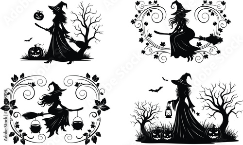 Set of Halloween witch silhouettes with broomsticks, bats, pumpkins, and trees, black vector illustrations for spooky and seasonal design use
